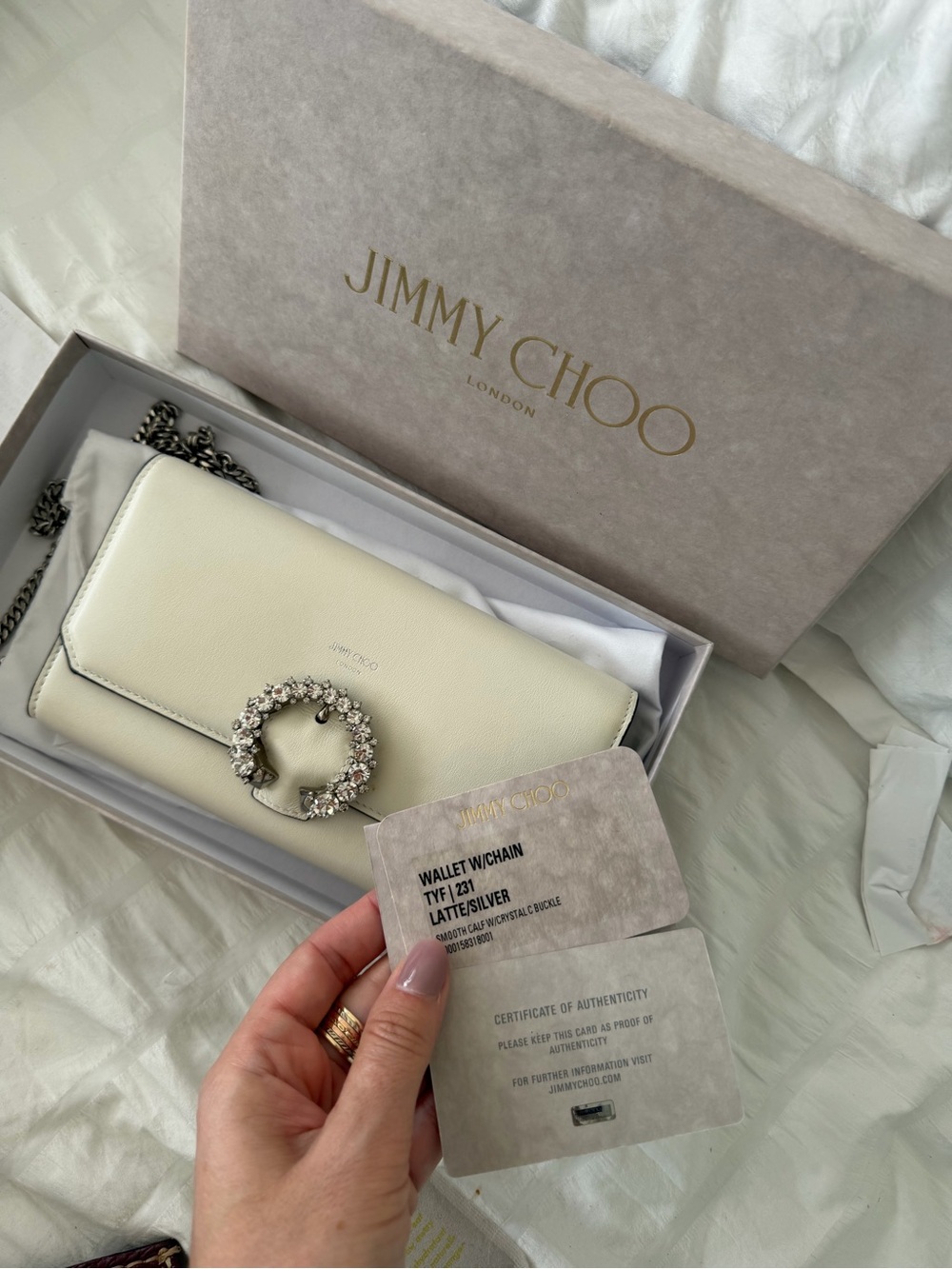 Jimmy Choo Cream Leather Wallet-on-Chain with Crystal Ring Detail